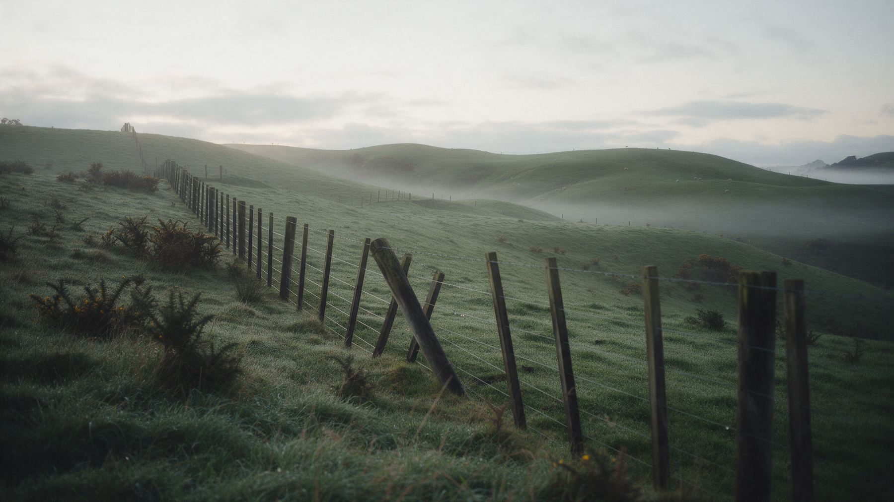 Ein Drahtzaun über sanft hügeligem, grünem Weideland mit Nebel in den Tälern bei Tagesanbruch