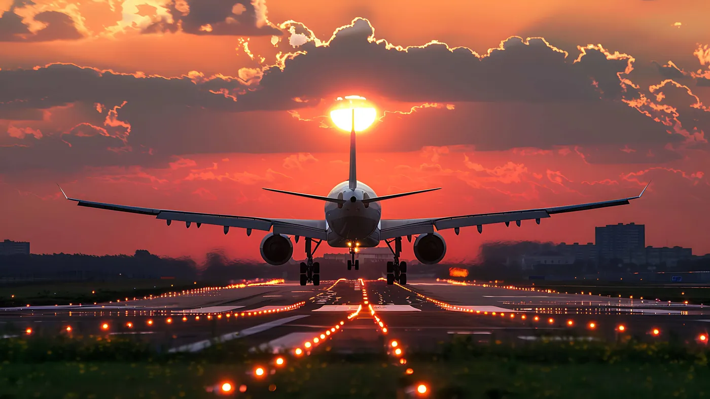 An airliner approaching a runway lined with lights at sunset