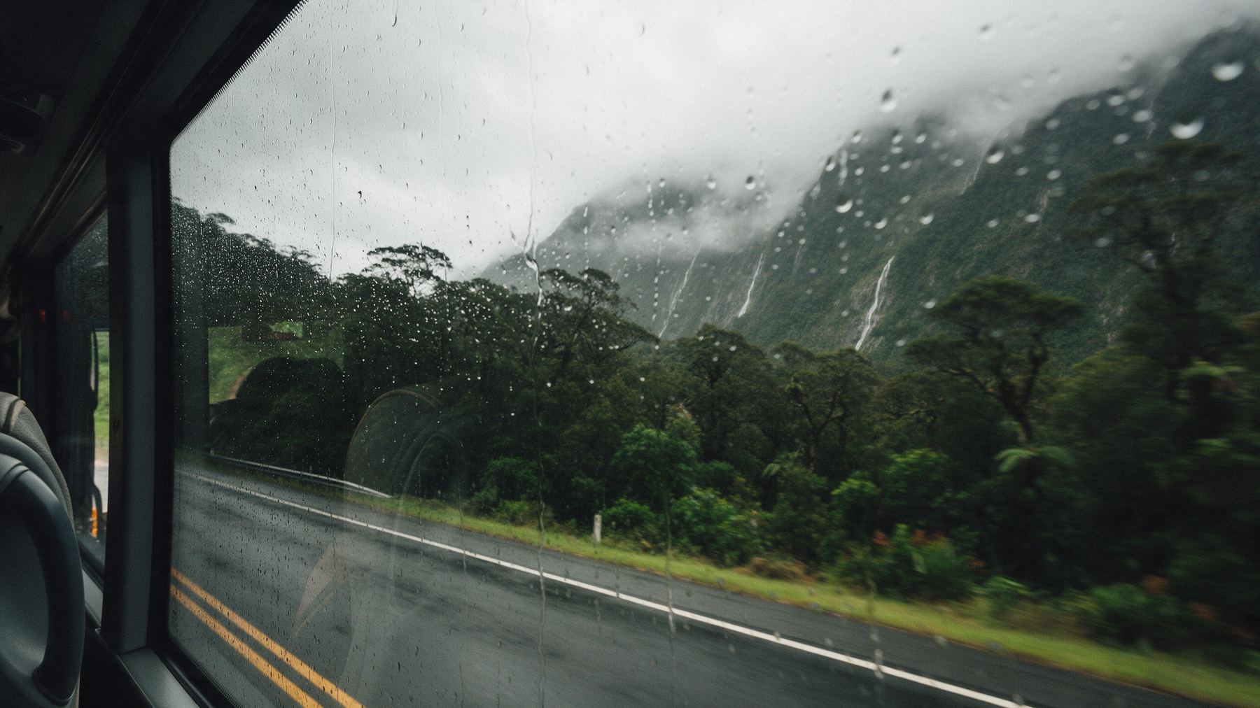 Rain on a coach window on a wet mountain road through forest