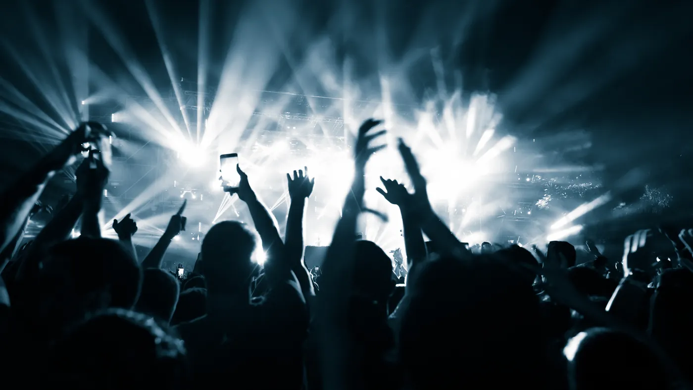 A fan with raised arms in a crowd facing a lit stage at night