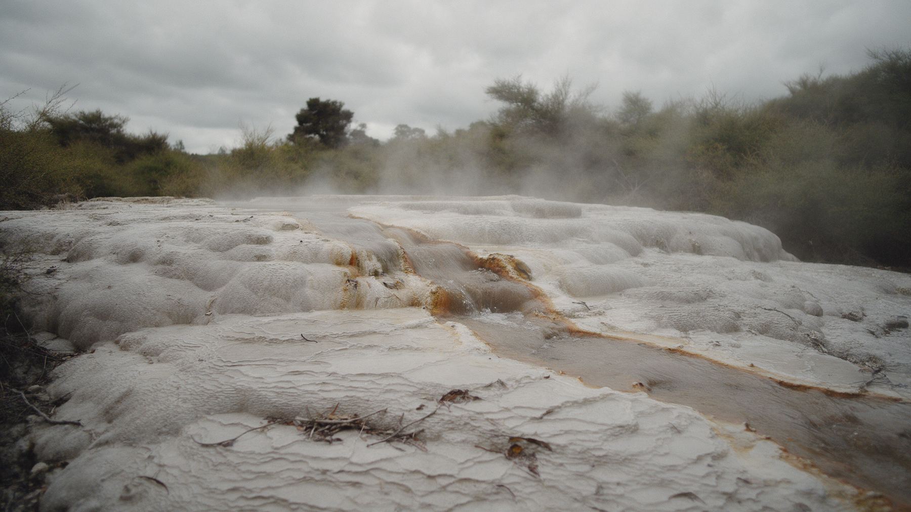 Steam drifting off a warm stream over pale mineral terraces