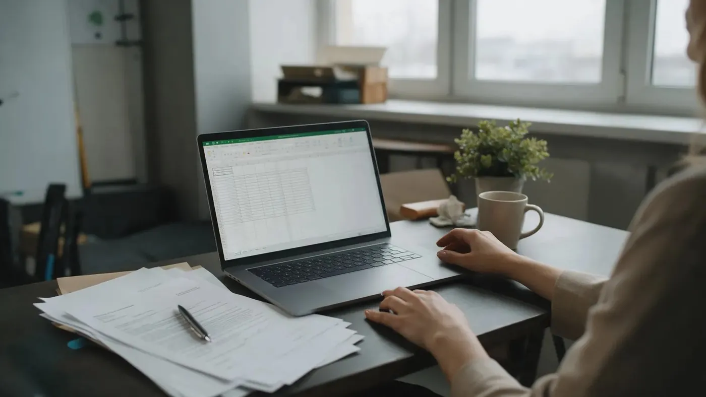 A laptop showing a spreadsheet beside printed papers on a desk