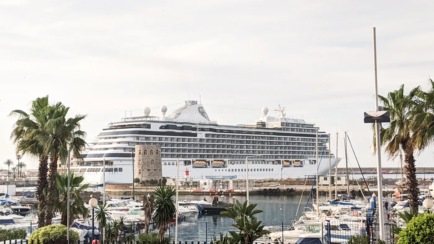 A large cruise ship beyond a marina full of motor yachts