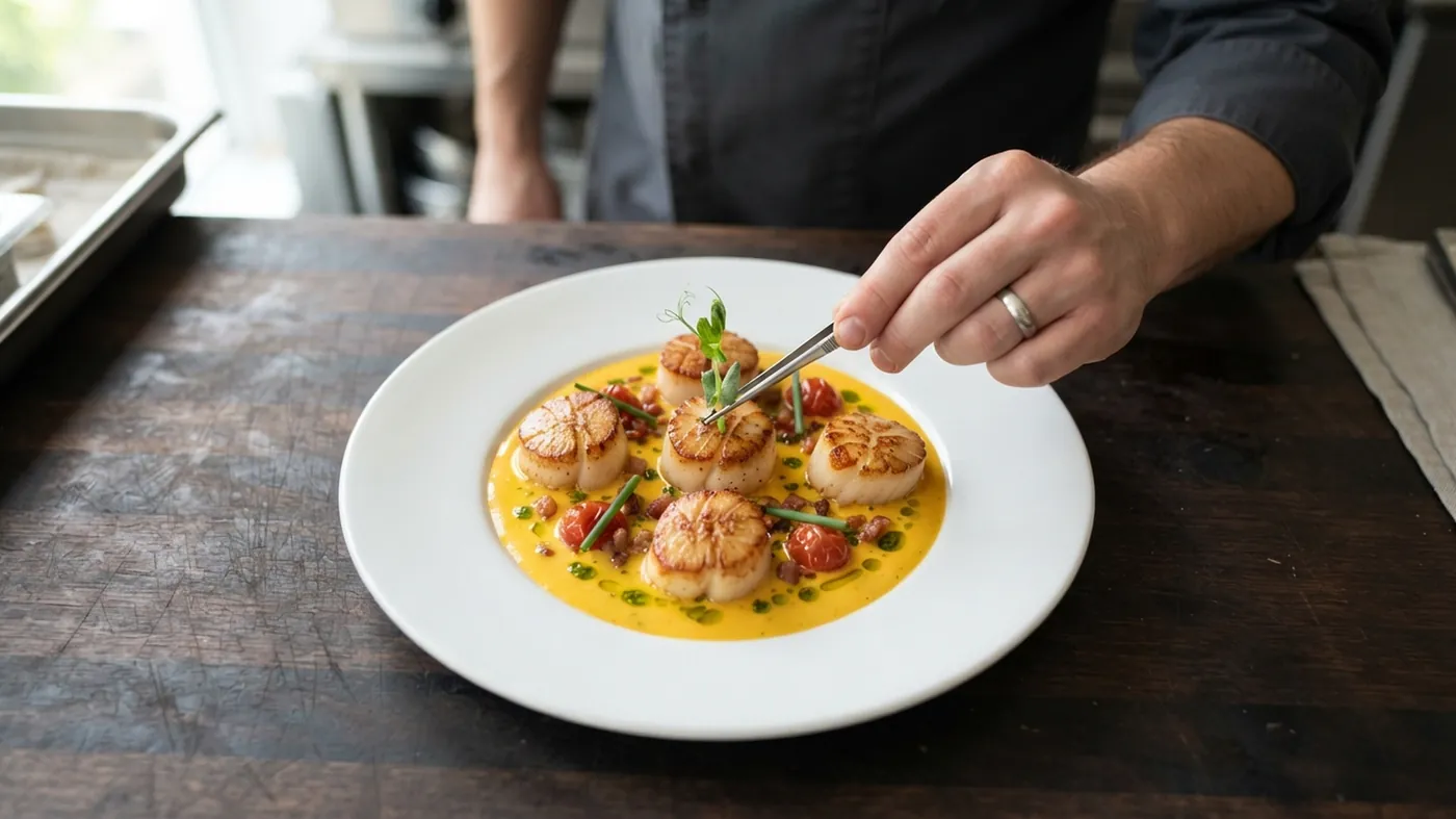 Seared scallops in a yellow sauce being garnished on a white plate