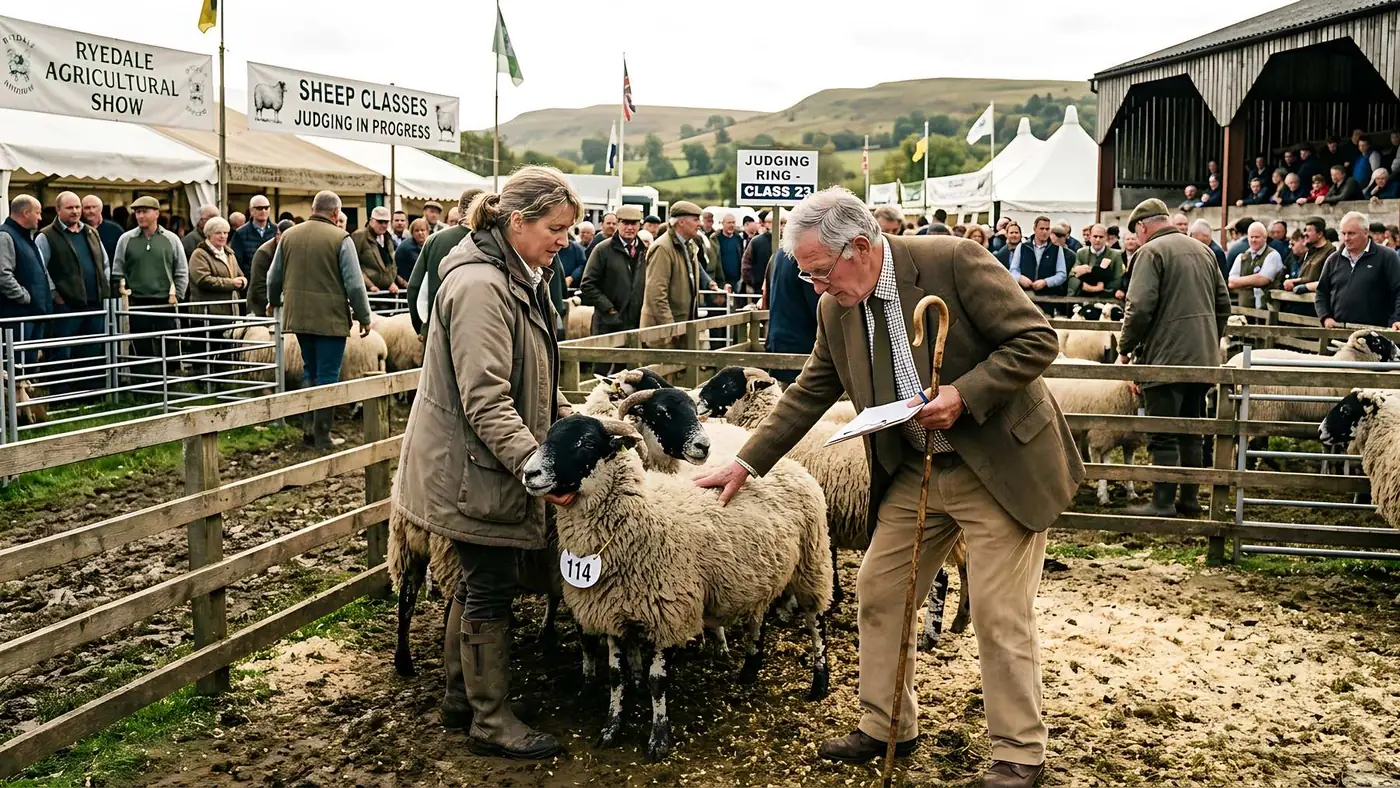 A judge inspecting sheep in the pens at an agricultural show