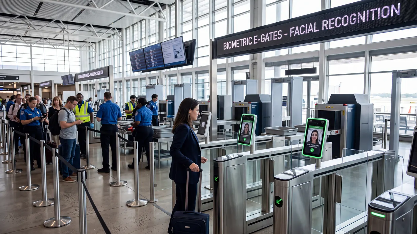 Travellers queueing at automated passport gates in an airport