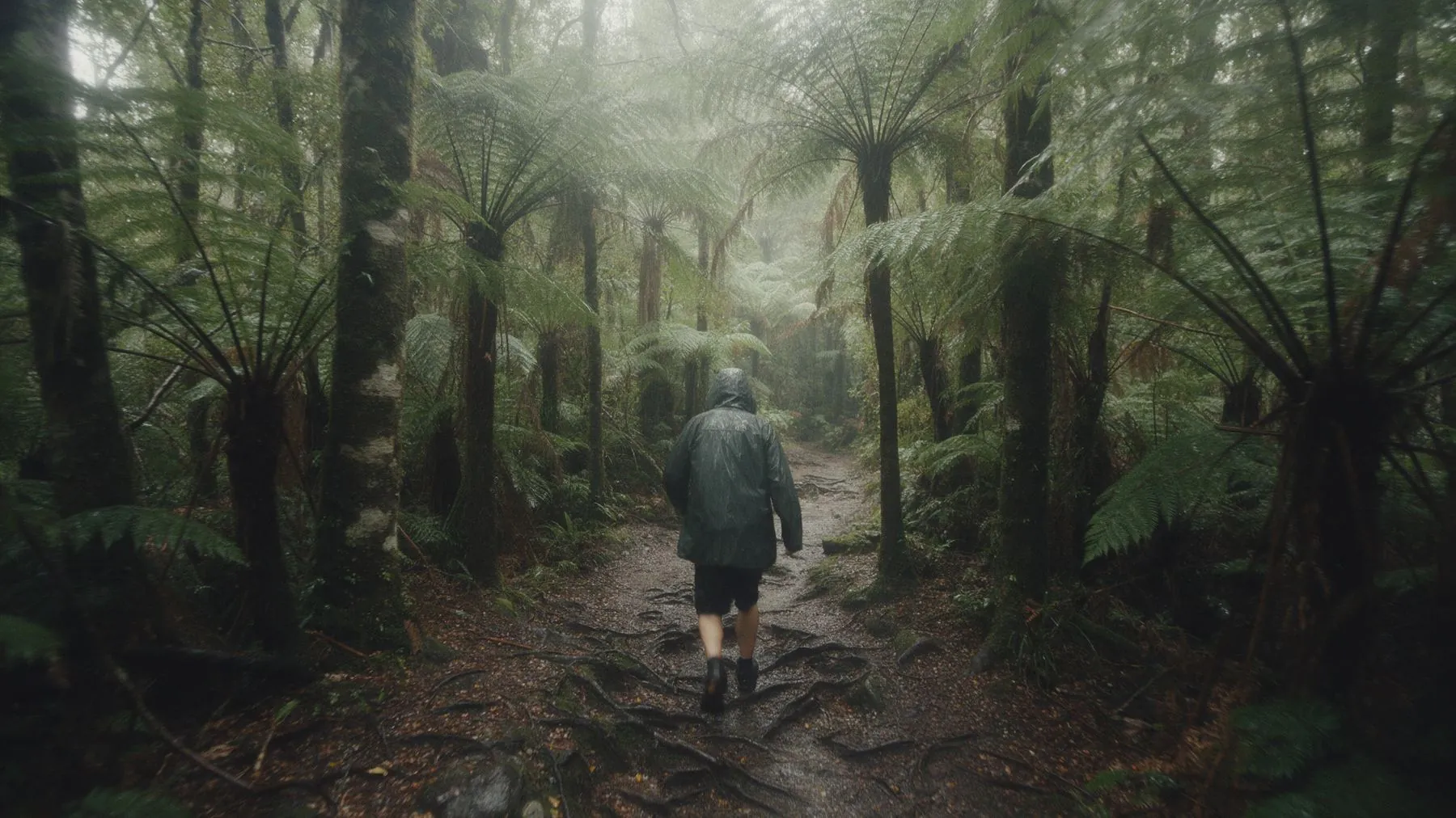 A walker on a muddy forest track among tree ferns