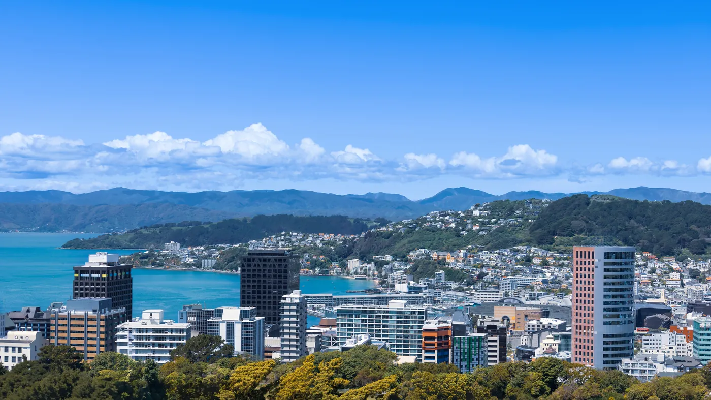 Wellington's central city, home to the Tākina Wellington Convention Centre, with the harbour and hills beyond