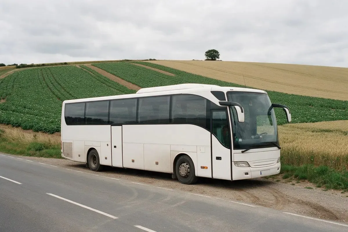 A white coach parked beside farmland on a country road