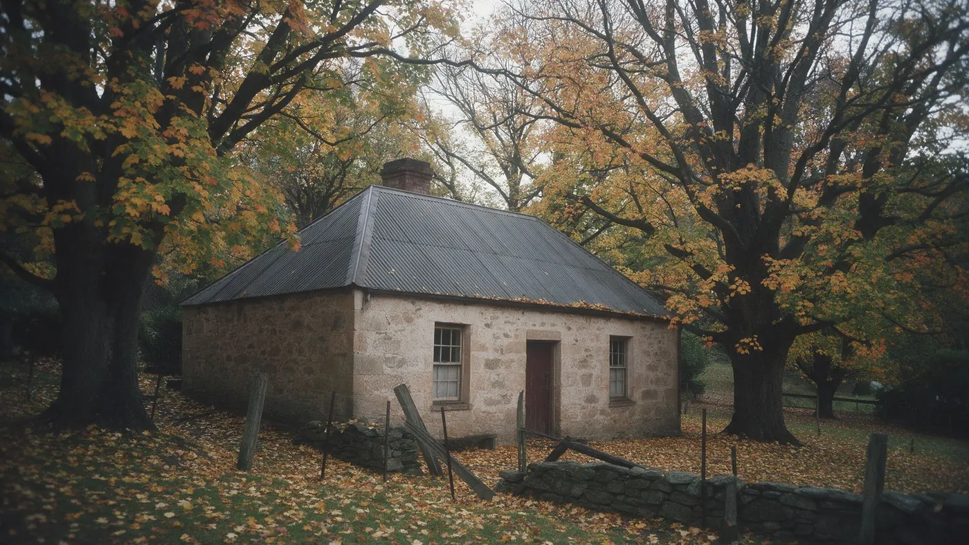 A stone cottage under trees in autumn colour