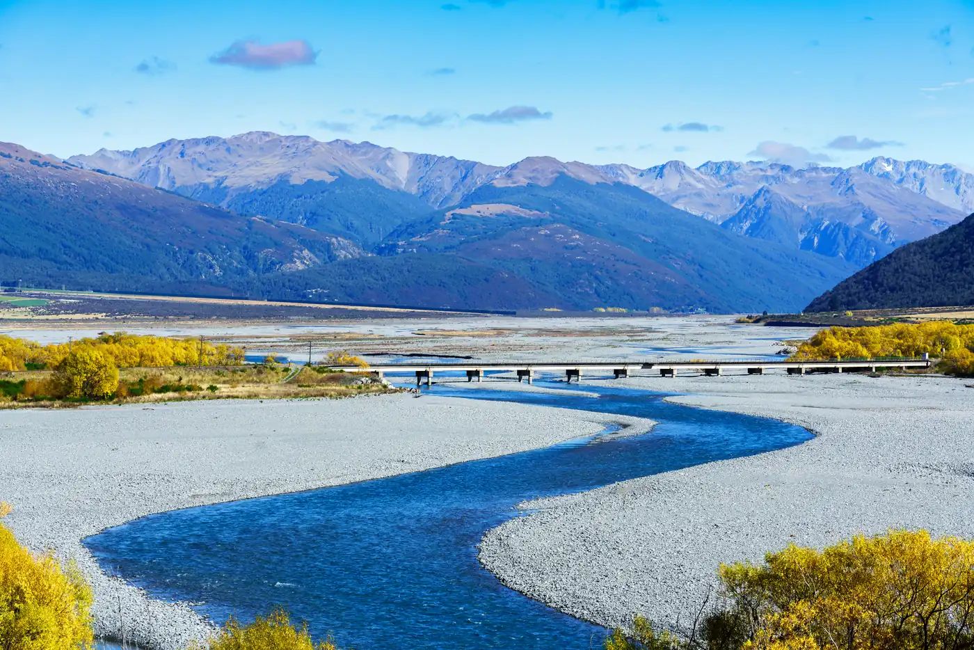 Une rivière en tresses et des montagnes dans le parc national d’Arthur’s Pass en automne