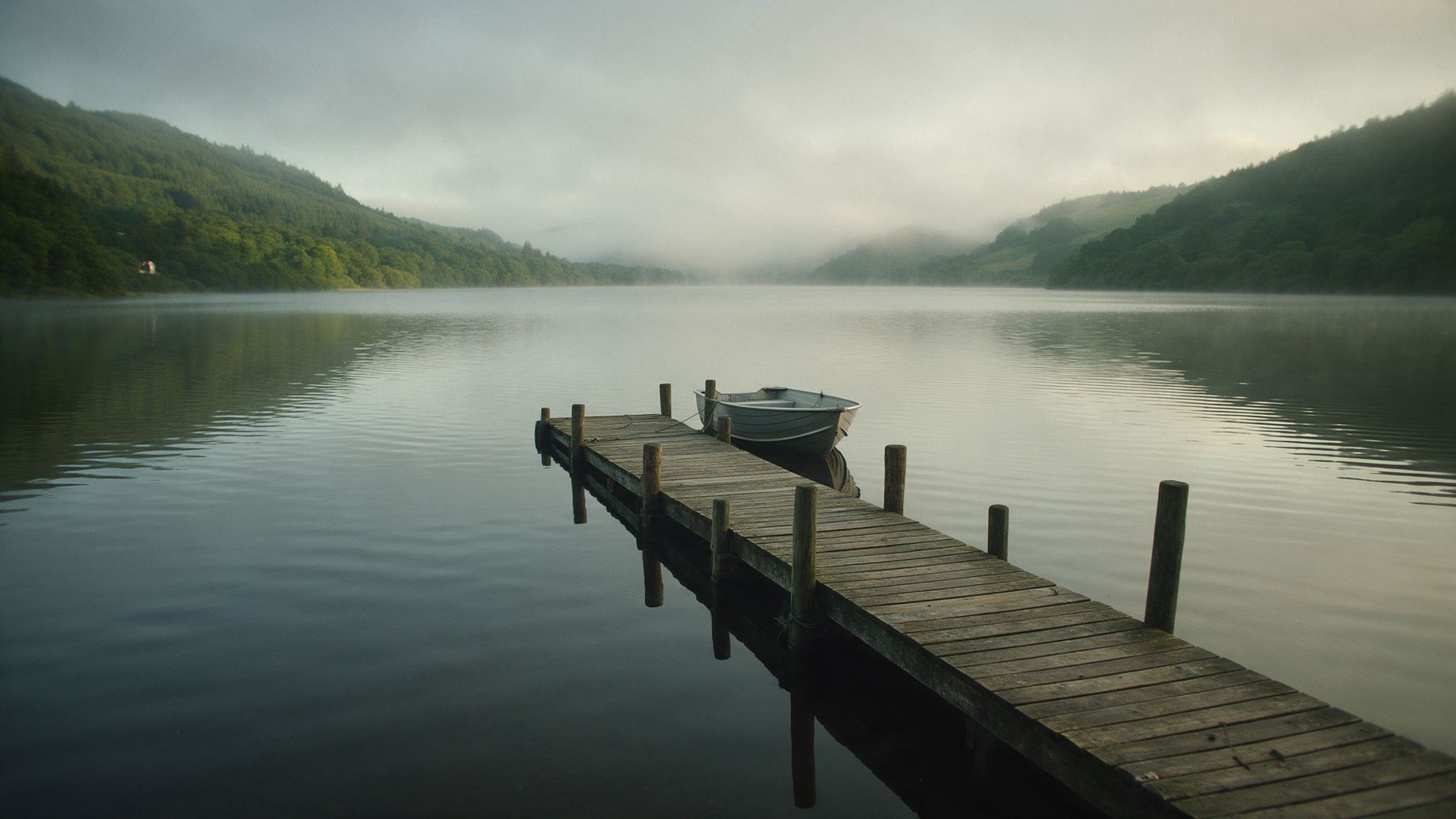 A wooden jetty on a calm lake ringed by forested hills