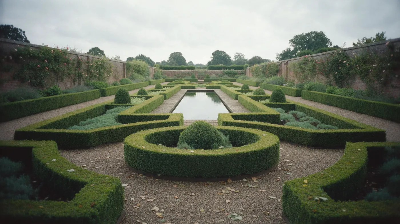 A formal walled garden with clipped hedges and a reflecting pool