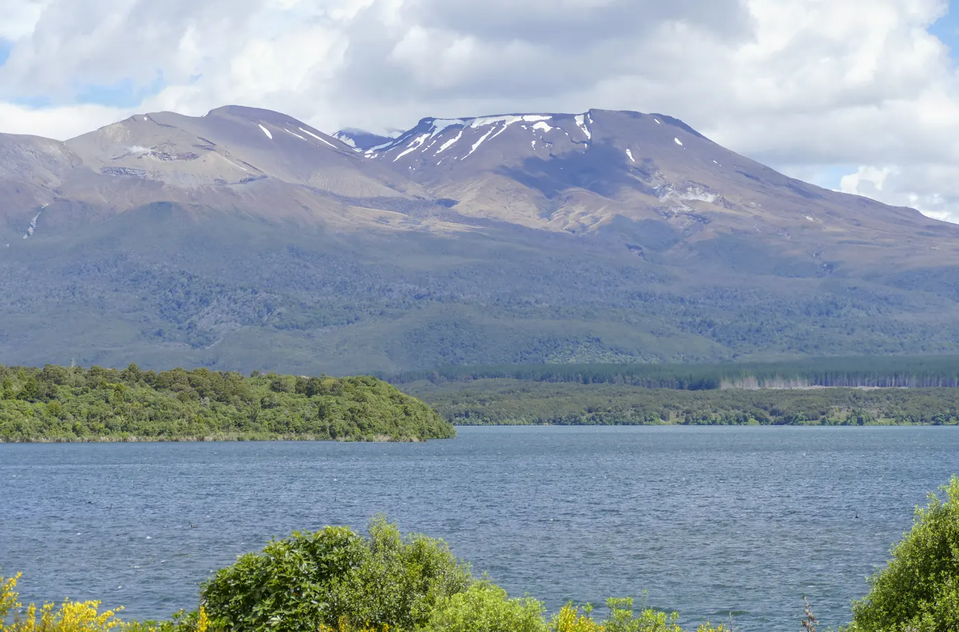 Mount Tongariro above a lake on the central North Island