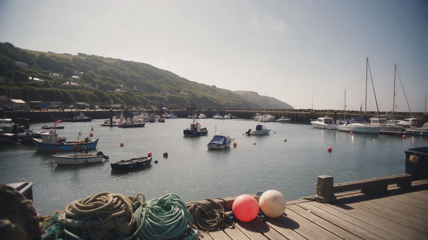 Fishing boats and yachts moored in a hillside harbour
