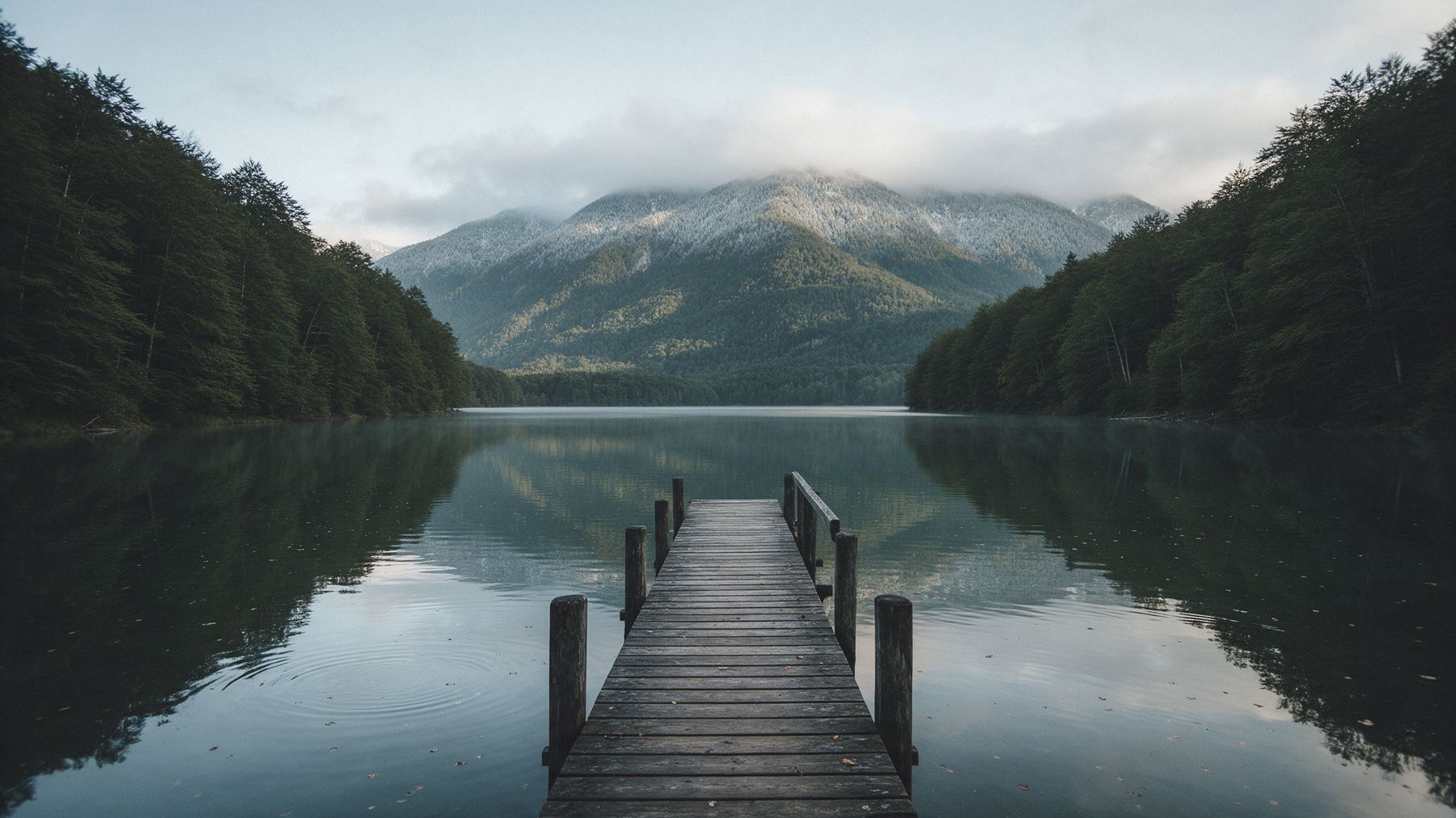 A wooden jetty on a still alpine lake ringed by beech forest