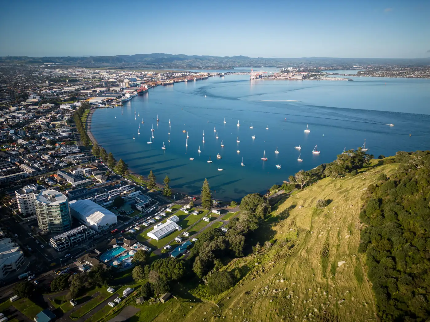 Aerial view of Mount Maunganui and the harbour at Tauranga