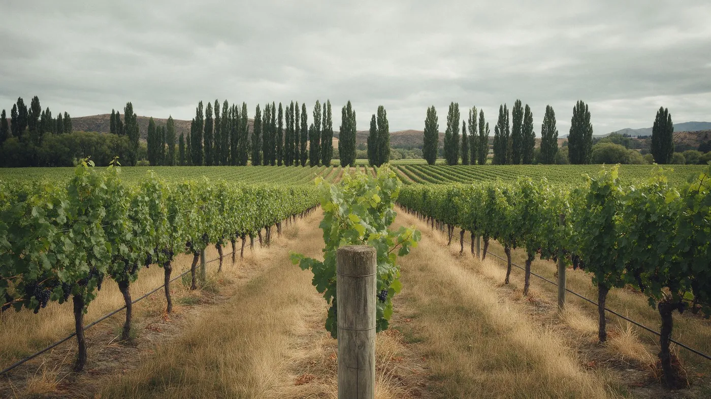Rangs de vigne et haies brise-vent de peupliers sous un ciel couvert