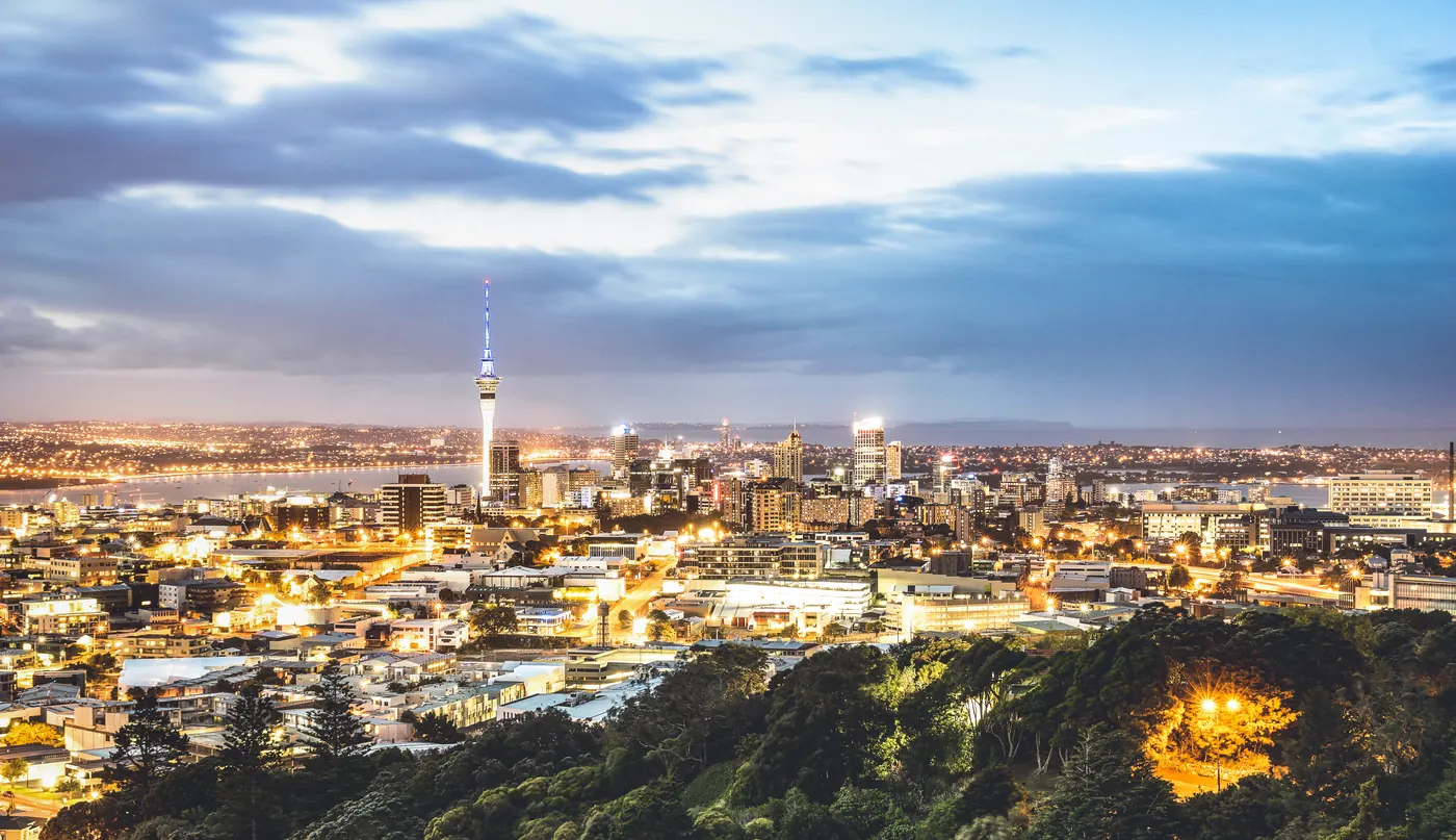 The Auckland skyline and Sky Tower at dusk, seen from Mount Eden