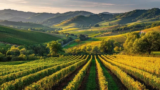Rows of vines at sunrise on rolling hills