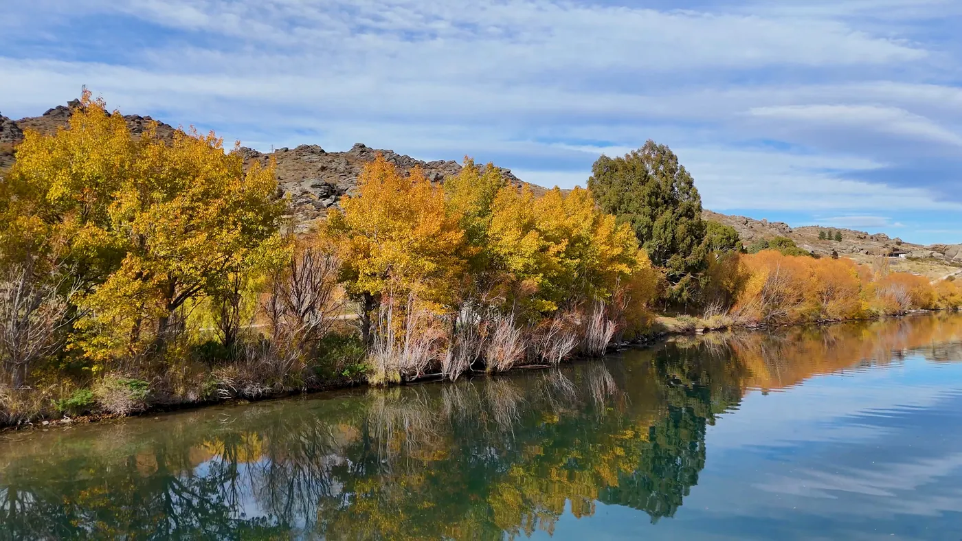 Autumn foliage reflected in Lake Dunstan, Central Otago