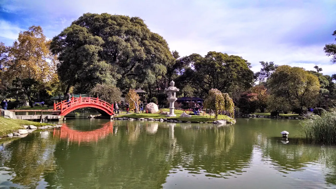The Japanese Garden in Buenos Aires, with a red bridge over a pond
