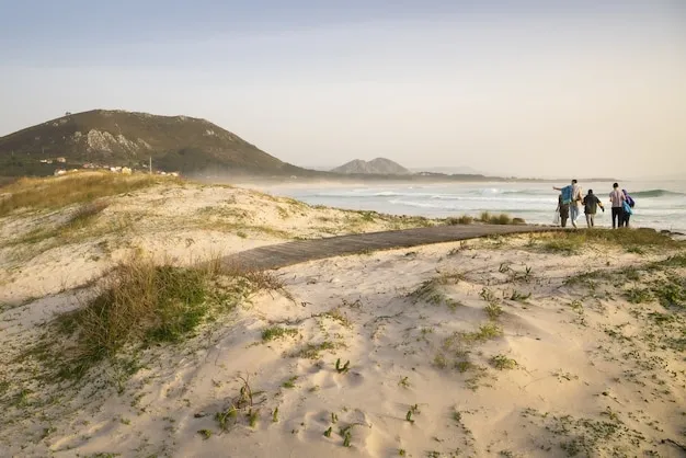 Tourists walking towards a beach on a sunny day