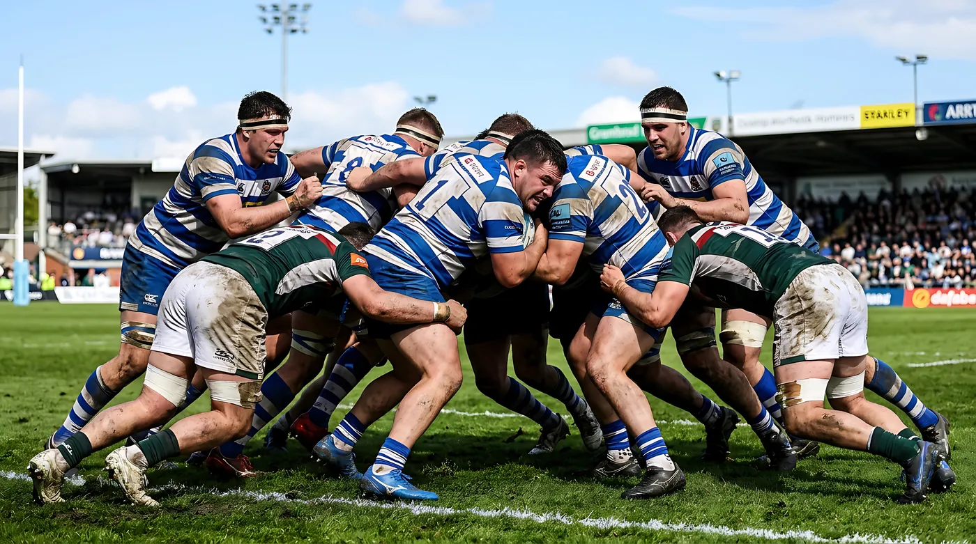 Two packs locked in a scrum on a grass pitch
