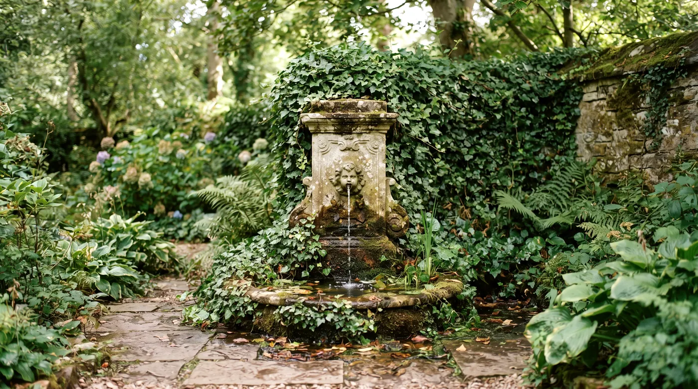 A stone fountain in a shaded, overgrown garden