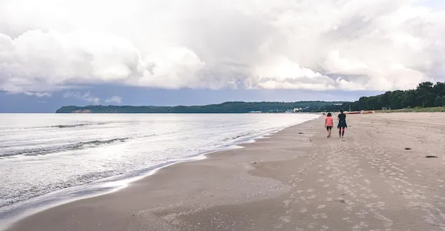 Two people walking along an empty sea beach